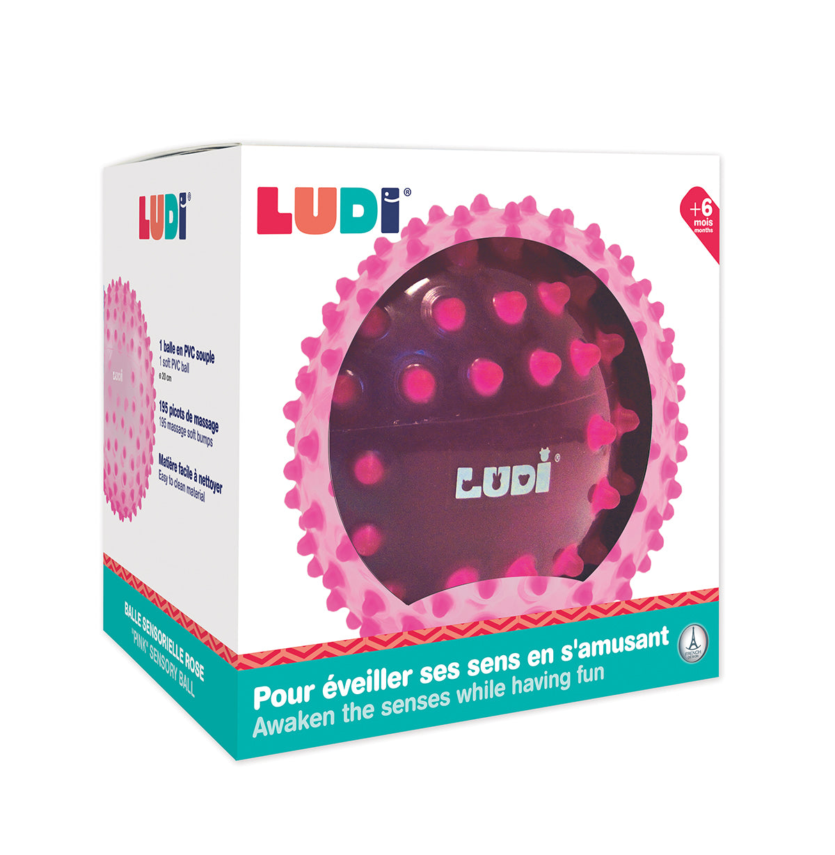 LUDI Rozinis Sensorinis kamuolys mankstai ir lavinimui 20 cm sensoriniai kamuoliai masazui packed
