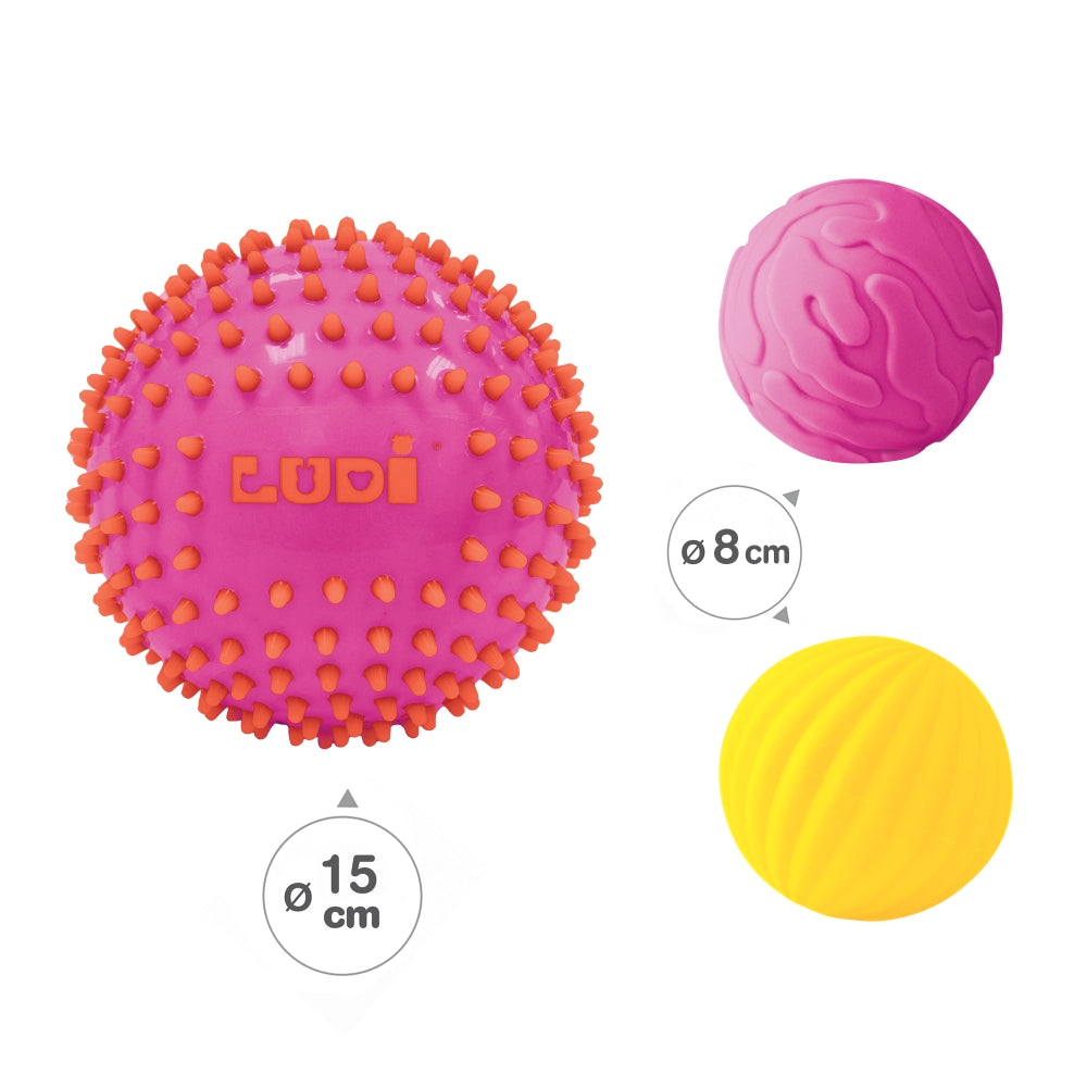 LUDI Sensoriniai kamuoliukai Roziniai ir geltonas 3 vnt sizes