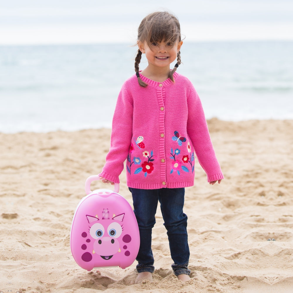 My Carry Potty Rozinis drakonas kelioninis naktipuodis vaikams kid holding in beach