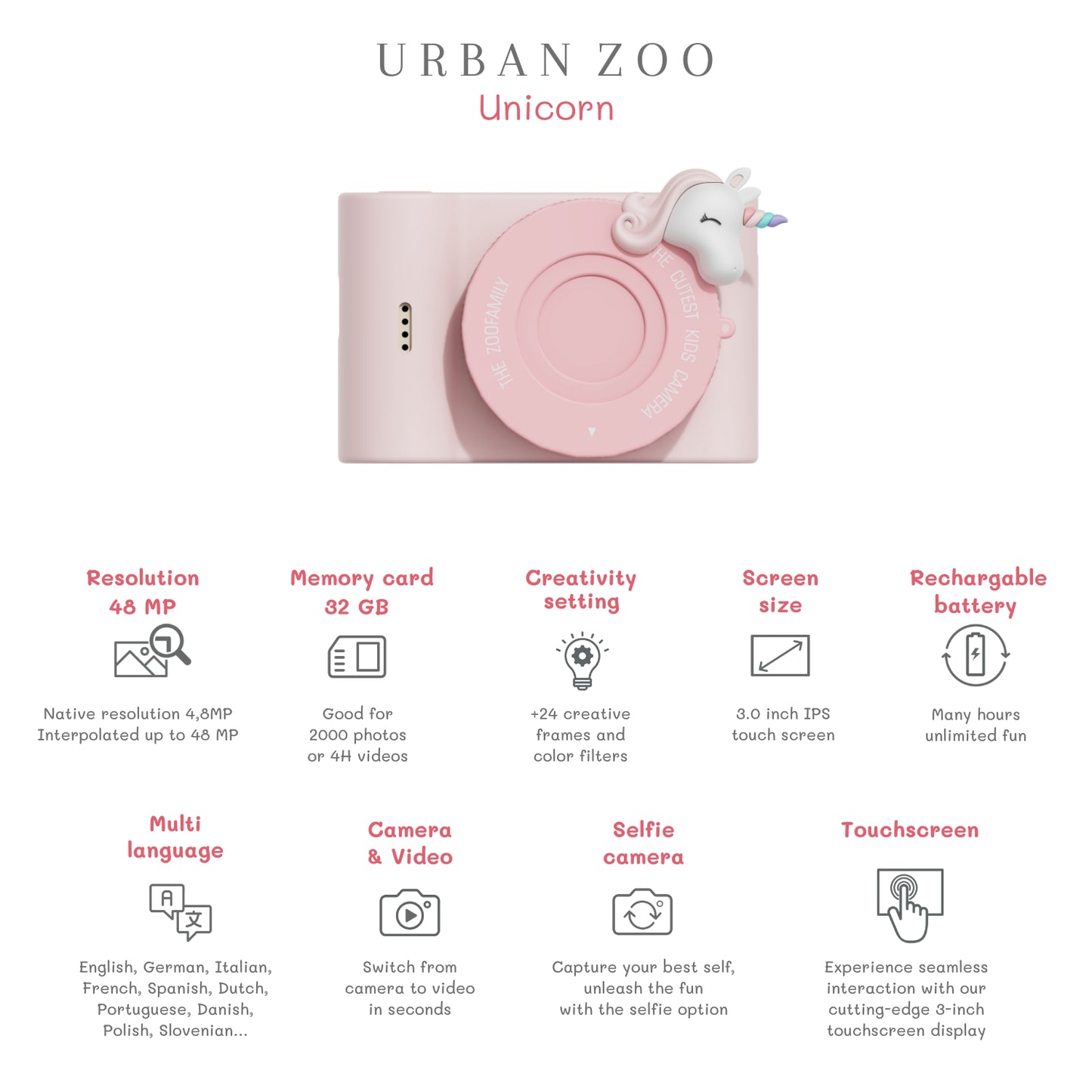 zoofamily urban zoo unicorn vaikiskas fotoaparatas specs