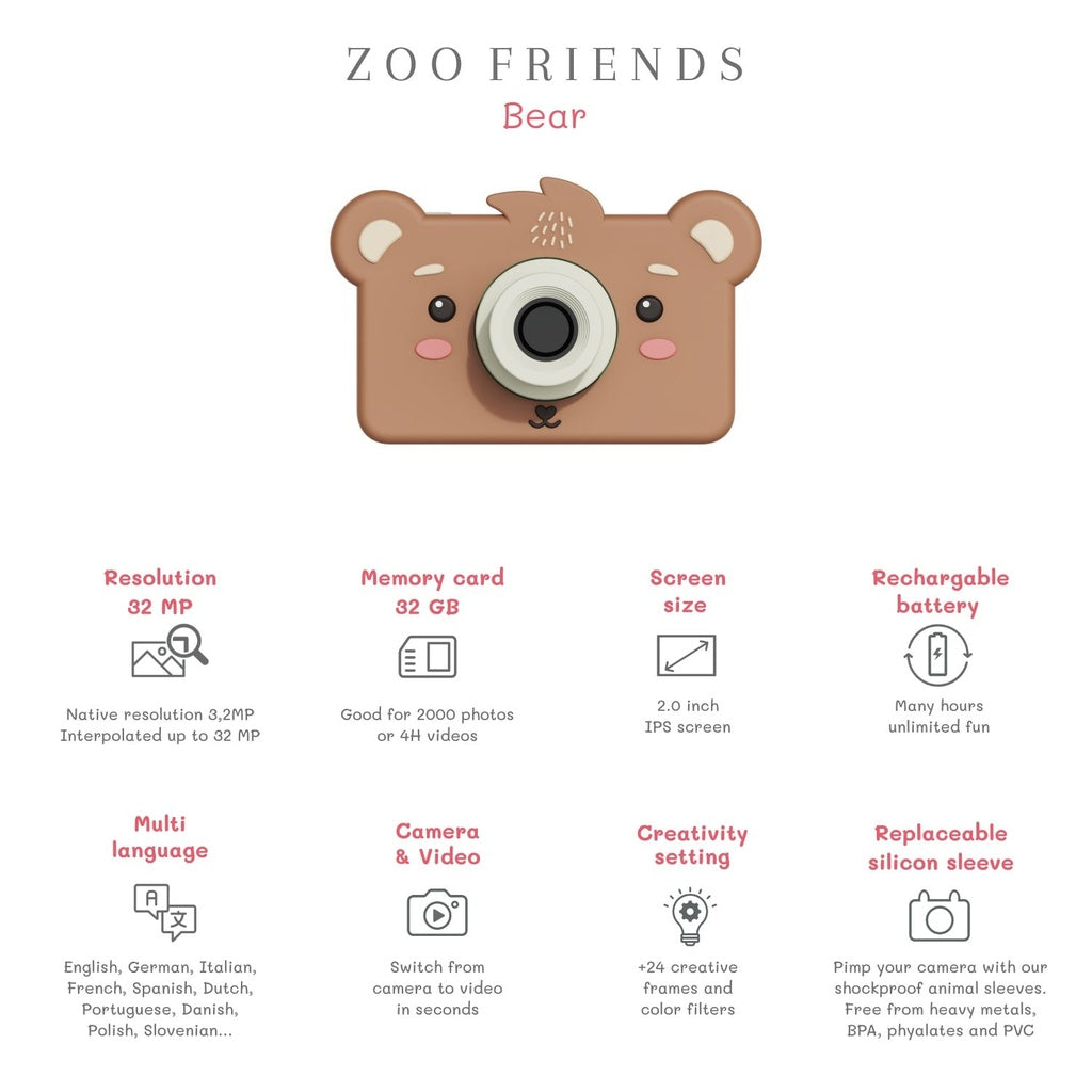 zoofamily zoo friends bear vaikiskas fotoaparatas specs