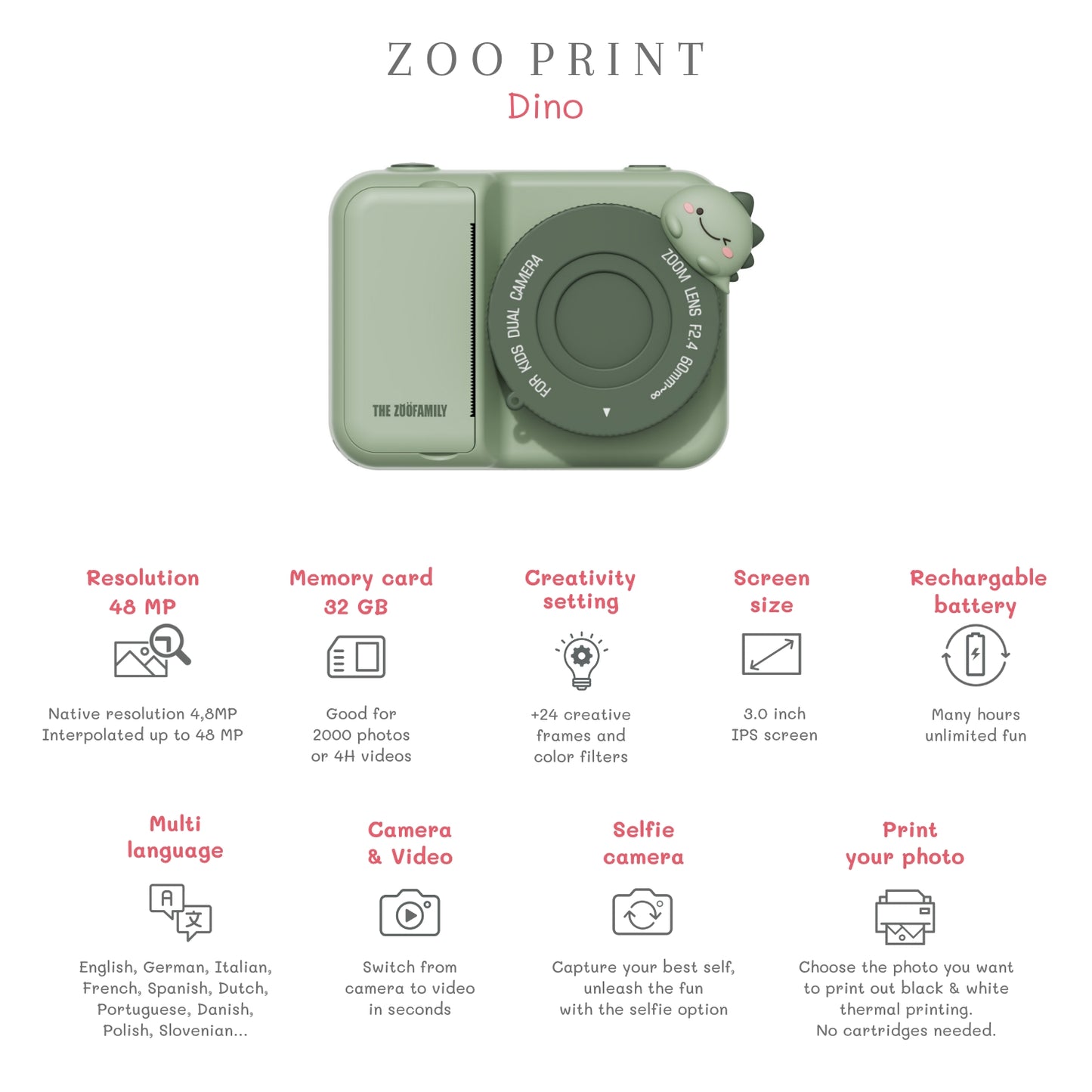 zoofamily zoo print dino momentinis vaikiskas fotoaparatas specs