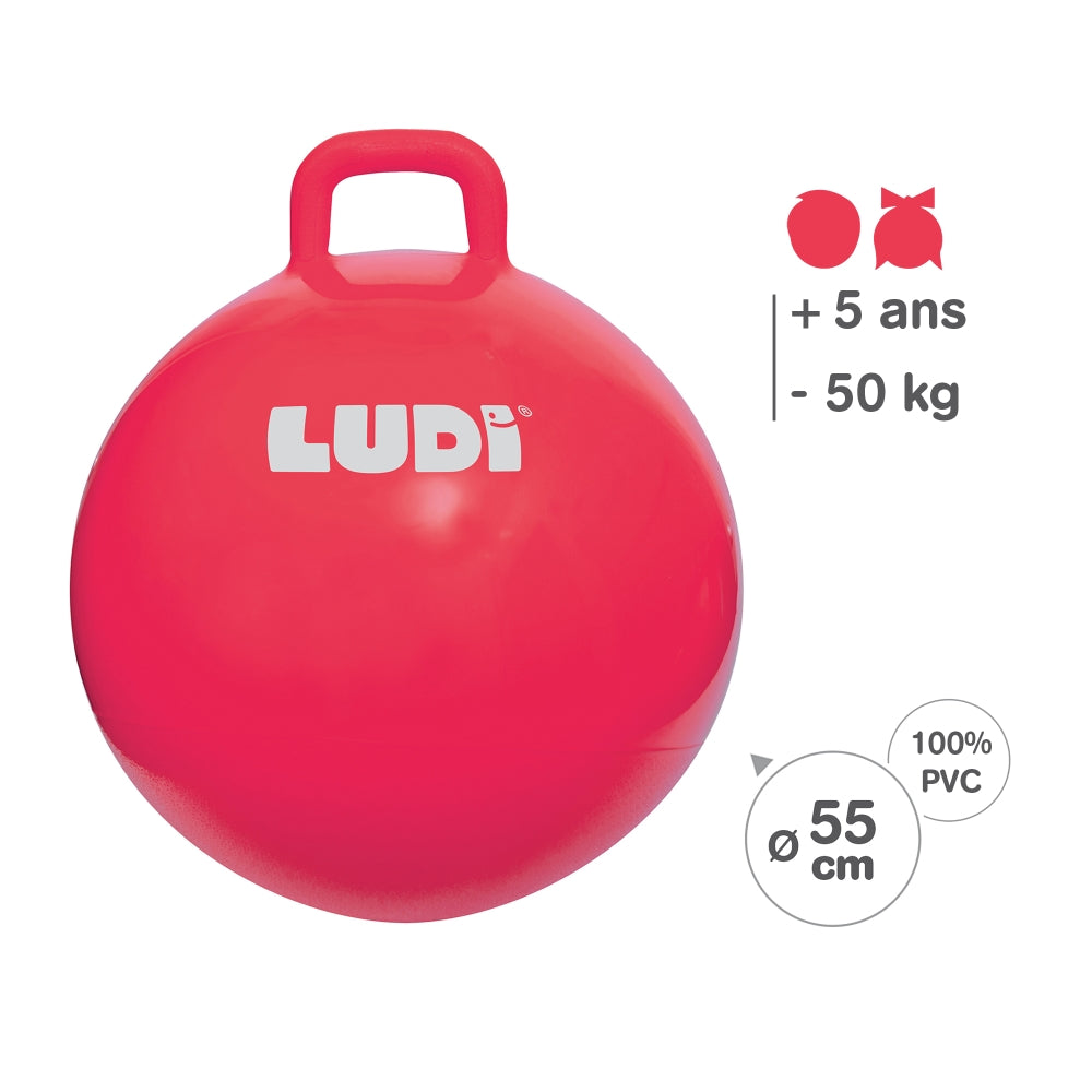 LUDI sokliukas vaikams 55 cm – raudonas pripuciamas sokinejimo kamuolys specification