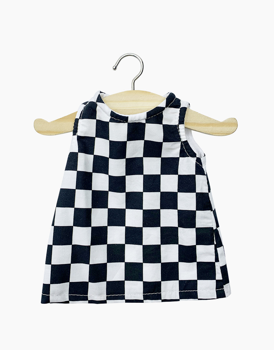 Minikane leles suknele X Delage languota juoda balta rubai lelems aksesuarai lelems