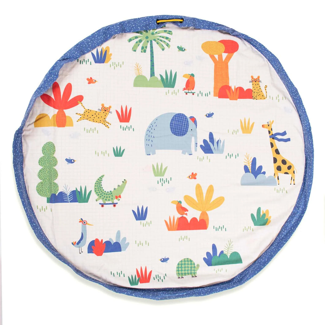 Play&Go Moulin Roty dvipusis lavinamasis kilimelis ir zaislu krepsys zaidimu kilimelis animals