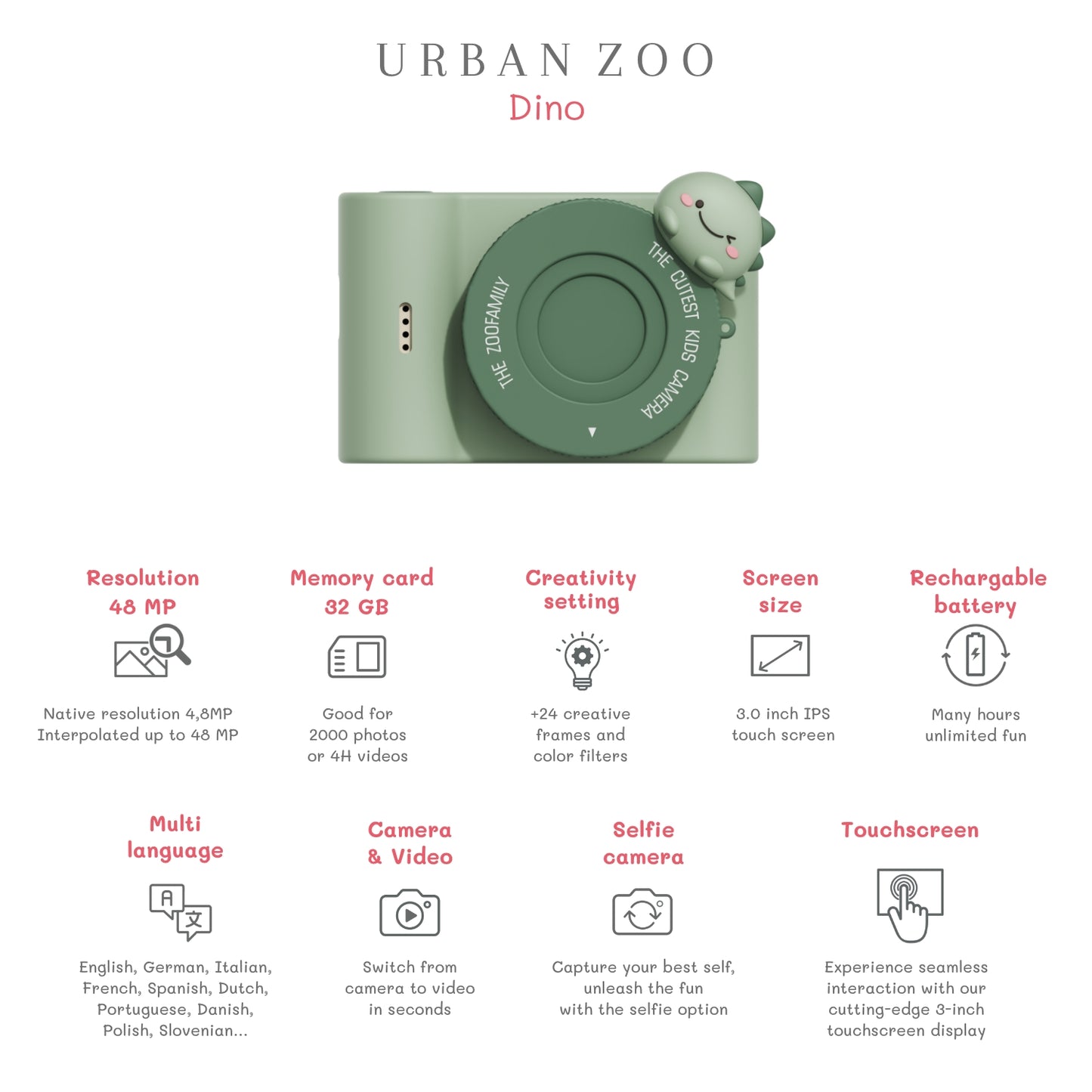 zoofamily urban zoo dino green vaikiskas fotoaparatas specs