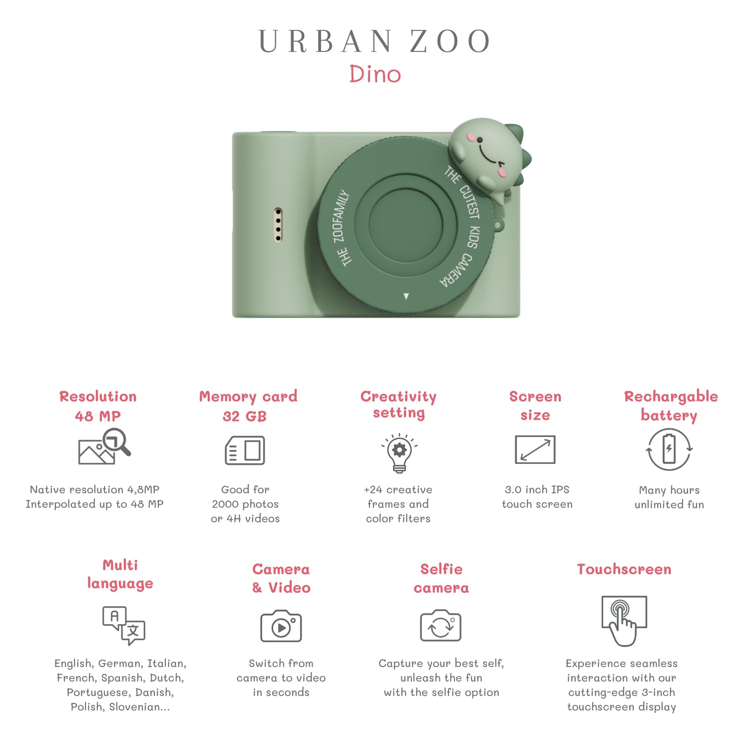 zoofamily urban zoo dino green vaikiskas fotoaparatas specs