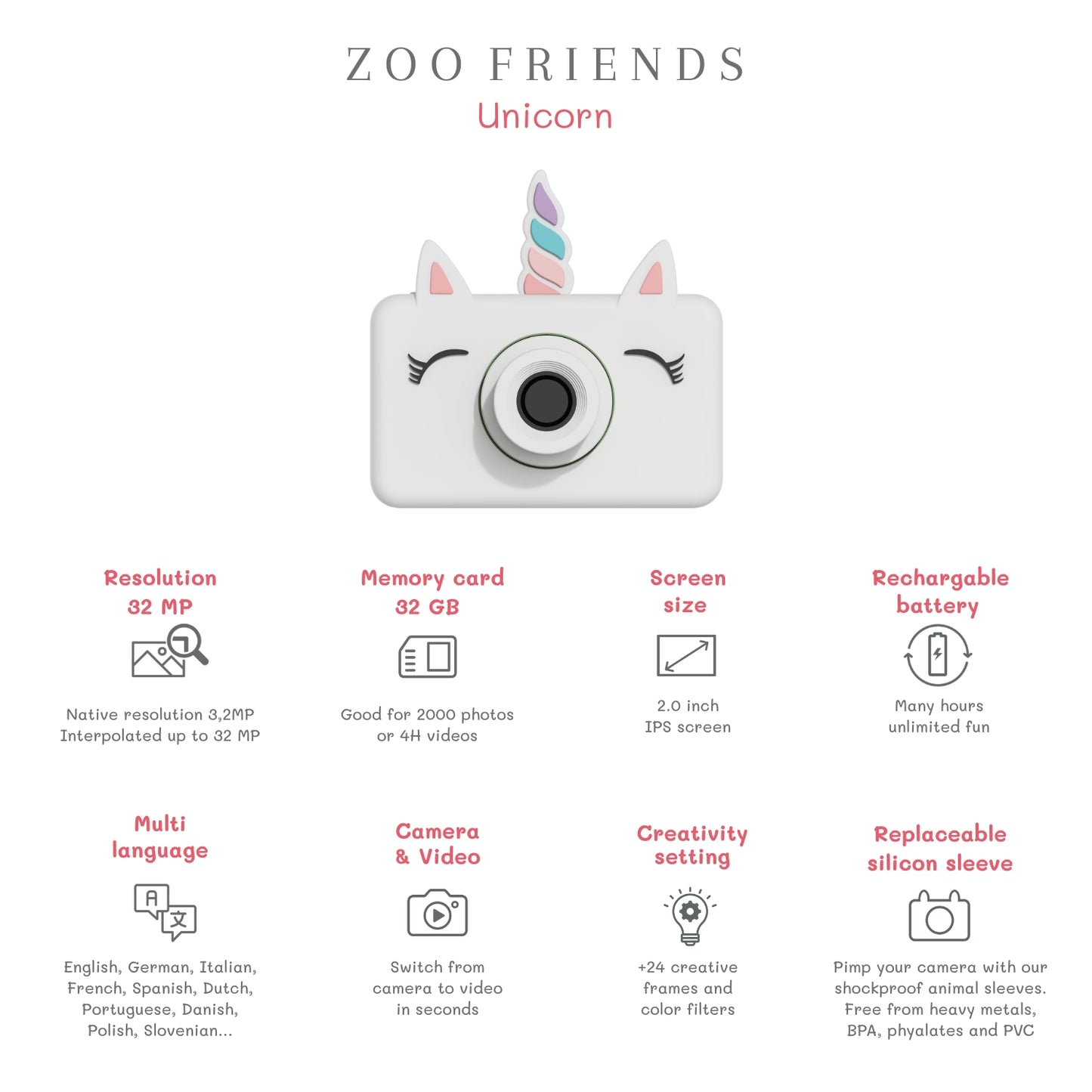 zoofamily zoo friends unicorn vaikiskas fotoaparatas specs