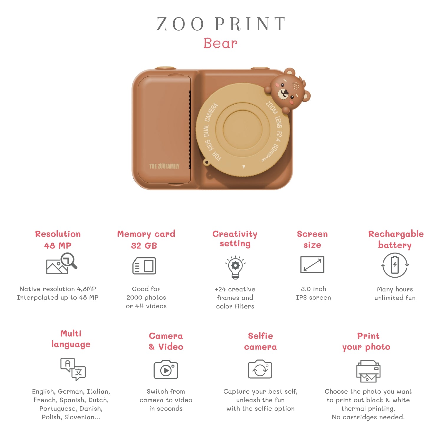 zoofamily zoo print bear momentinis vaikiskas fotoaparatas specs