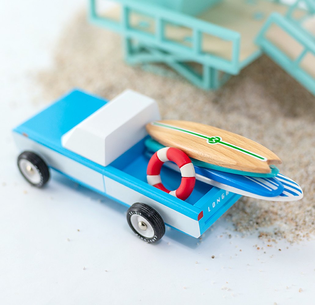 CandyLab melynas medinis automobilis pikapas mediniai zaisai interaktyvus zaislai